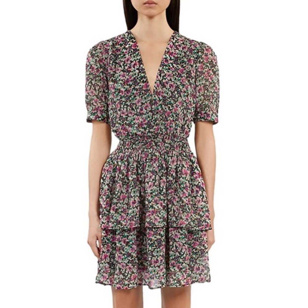 The Kooples Floral Short Sleeve smocked Waist Tiered Dress EU 1